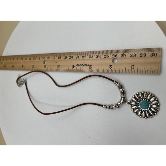 Southwest Silver and Turquoise Sunburst Pendant Necklace on Brown Cord - Picture 4 of 7